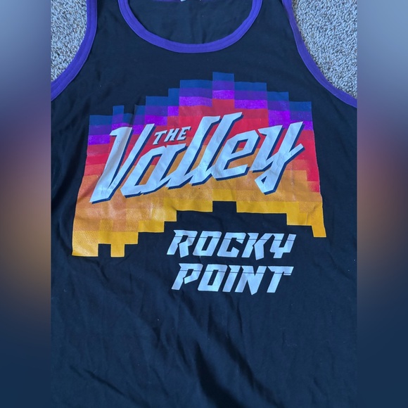 Black Graphic Tank Top rocky point Trim the valley men’s pre loved size small - Picture 2 of 4
